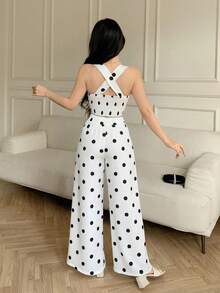Celisse Black & White Polka Dot V-Neck Camisole Top And Wide Leg Pants 2-Piece Set, Cinched Waist Slimming Sexy Chic Outfit For Commuting, Outing, Vacation - Black and White - View 2