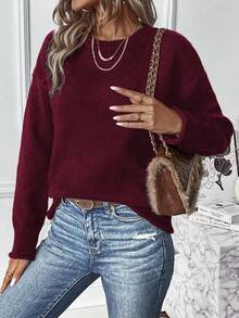 EMERY ROSE Suéter de mujer de unicolor con hombros caídos, suéter holgado de manga larga de ajuste regular para finales de otoño, color burdeos, suéteres de mujer de punto para otoño e invierno, Navidad - Burdeos - Ver 6