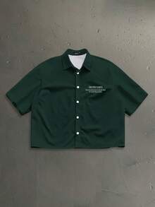 StoneGrade Men's Summer Casual Pigeon & Letter Print Front Button Short Sleeve Cropped Shirt - Dark Green - View 3