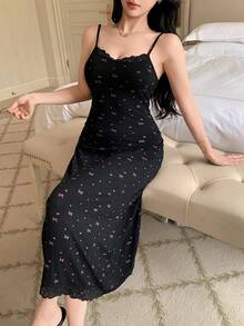 DAZY Vestido de ajuste ceñido con tirantes finos, estampado de lazo y parches de encaje, ropa de dormir de verano para mujeres - Negro - Ver 5