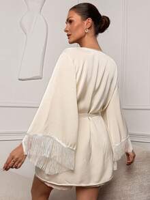 Livesso Women Tassel Cuff Robe & Shorts Sleepwear Set - White - View 2