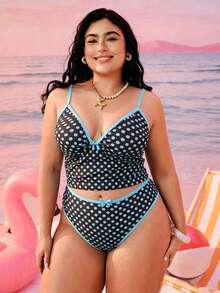 Swim Mod Bộ bikini hai mảnh cỡ lớn dành cho nữ năm 2026, họa tiết hình học ngẫu nhiên, thời trang, thích hợp cho kỳ nghỉ, phong cách tối giản, tôn dáng, kín đáo, có nơ, dây đeo dày có thể điều chỉnh, cạp cao, khoét chân cao, kiểu tam giác. - Màu xanh lam - Xem 4