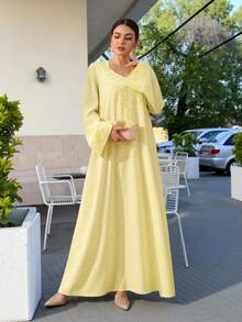 Al Najma Sequin Digital Print Long Sleeve Loose Fashion Elegant Pink Dress For Women - Yellow - View 6