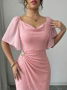 Modelyn 女士金属扣撞色荷叶边领花瓣袖修身优雅连衣裙，春夏款 - 粉色 - 查看 3