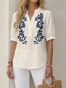 Camisa casual versátil de uso diario con cuello en V y estampado de hojas para mujer - Multicolor - Ver 1