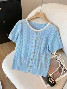 SHEIN Franclia Áo khoác cardigan dáng rộng thoải mái, cổ tròn, tay ngắn, khoét lỗ, phối viền tương phản, màu xanh nhạt, thích hợp cho mùa xuân/hè. - Màu xanh nhạt - Xem 7