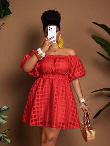 Plus Size Women's Elegant Vacation Party Strapless Tube Short Sleeve Mini Dress - Red - View 5