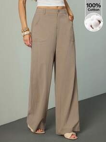 SHEIN Tall 100% Washed Cotton Low Waist Straight Pants, Tall Women - Camel - View 3