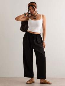 Freevana Pantalones casuales de unicolor con lazo en la cintura para mujer de talla grande - Negro - Ver 7
