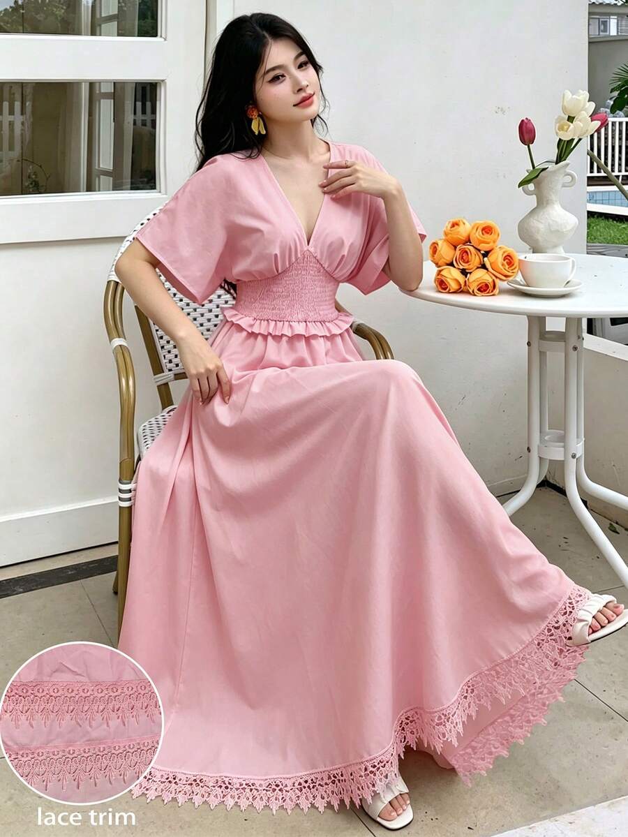 Modelyn 女士优雅褶皱腰身短袖A字褶裥连衣裙，高品质修身设计 - 粉色 - 查看 1