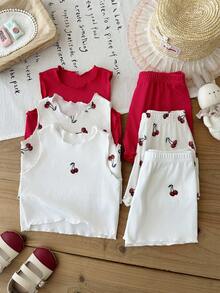 SHEIN 6件/套 女嬰幼兒 0-3歲 可愛夏季度假 白色與紅色 柔軟波浪針織面料 無袖上衣T恤 & 短褲套裝 - 彩色 - 查看 1
