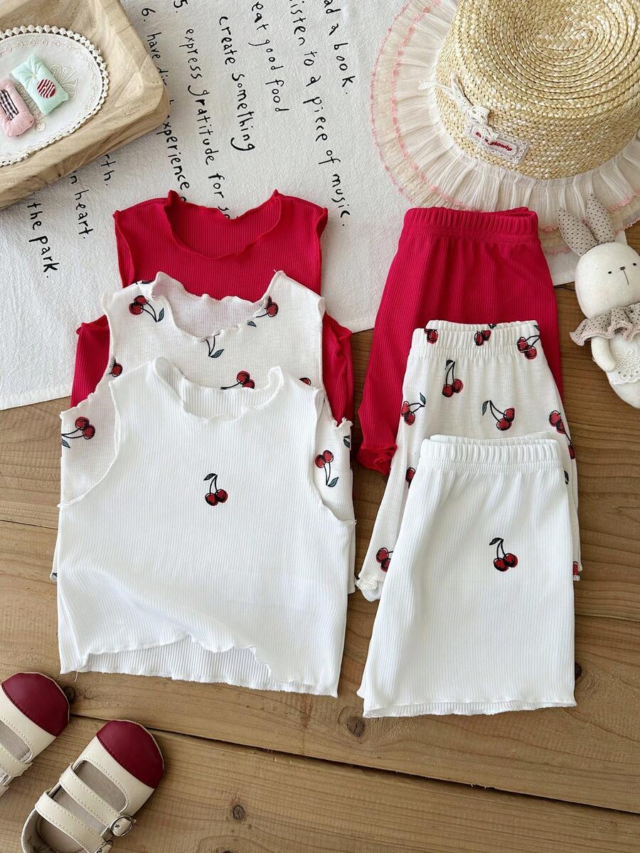 SHEIN 6件/套 女嬰幼兒 0-3歲 可愛夏季度假 白色與紅色 柔軟波浪針織面料 無袖上衣T恤 & 短褲套裝 - 彩色 - 查看 1
