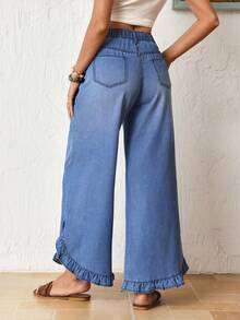 Breezaya Quần jean denim nữ dáng rộng, thời trang mùa hè, đa năng, thoải mái với gấu quần xếp ly. - Màu xanh lam - Xem 3
