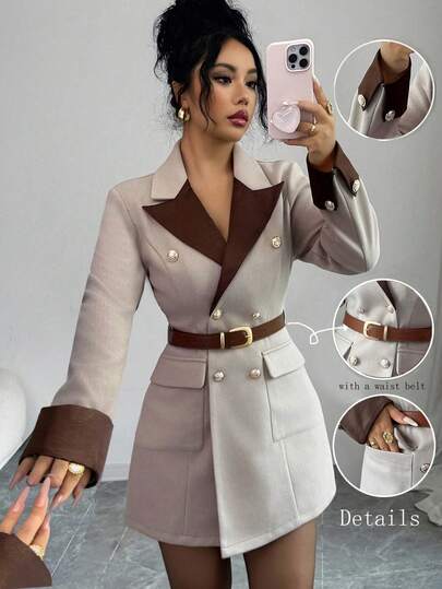 Elenzga Blazer femme marron patchwork, col manteau élégant pour l'automne/l'hiver