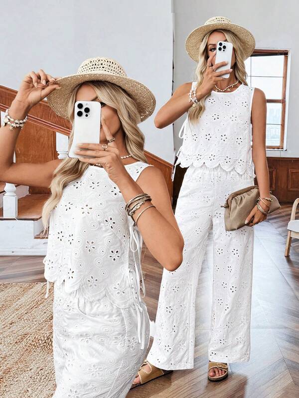 Easowa Curve Conjunto de 2 piezas para mujer talla grande con chaleco bordado floral calado y pantalones de pierna ancha, blanco, estilo boho de seda para verano, vacaciones, playa y primavera