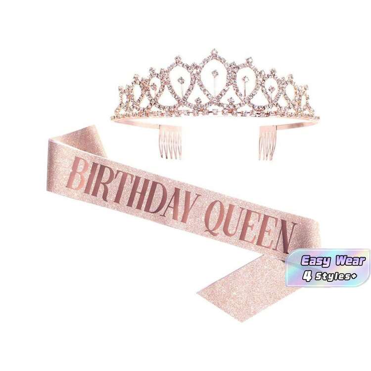 2pcs/Set Rose Gold &Gold &Silvery Birthday Queen Sash & Rhinestone Tiara - Glitter Sash & Sparkling Tiara Set For Birthday Girls - Multicolor - View 1