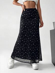 SHEIN EZwear 女款黑色對比碎花休閒度假裙 - 黑色 - 查看 6