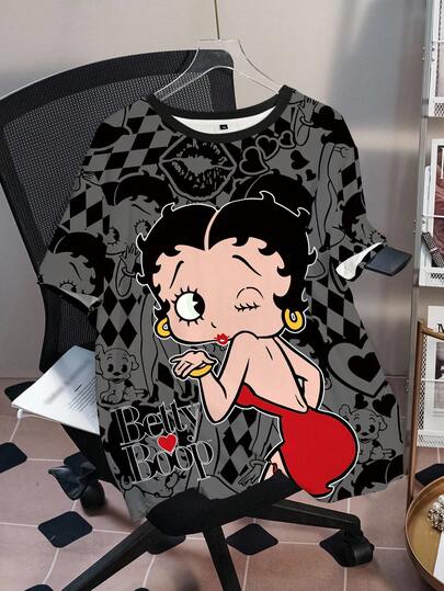 Betty Boop x SHEIN プラスサイズ カジュアル カートゥーン プリント 半袖 Tシャツ、夏