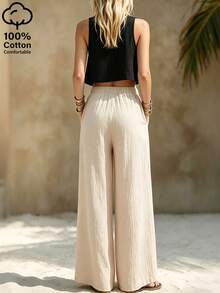 SHEIN LUNE Women's Solid Color Elastic Waist Loose Casual Pants With Slant Pockets - Apricot - View 2