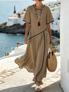 Breezaya Đầm maxi dáng suông rộng, ôm sát, màu be, chất liệu vải dệt thoáng khí, phong cách Bohemian, cổ tròn, viền tương phản, tay cánh dơi, xếp ly, tay bồng, thích hợp cho kỳ nghỉ biển. - Màu Khaki - Xem 1