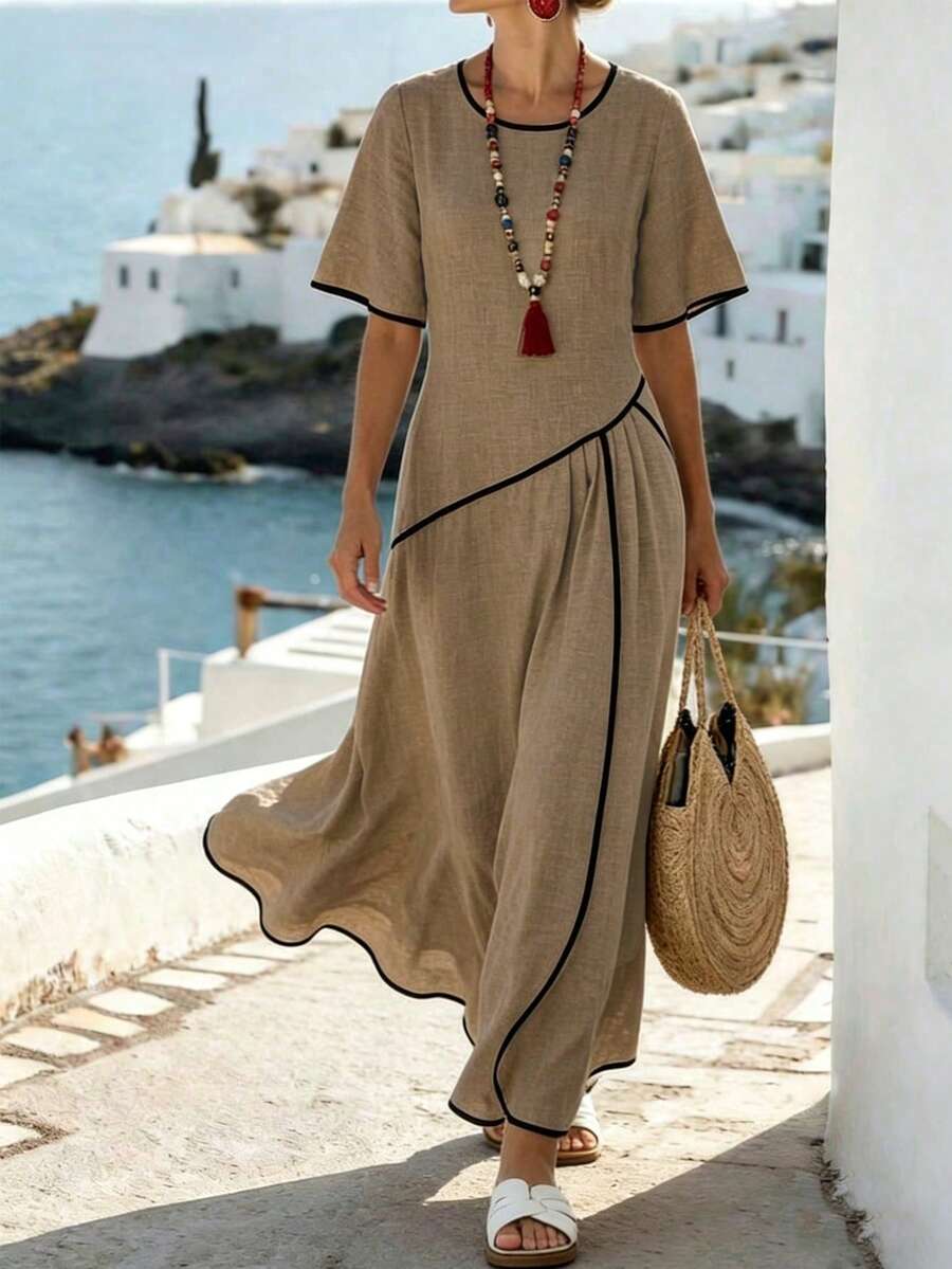 Breezaya Đầm maxi dáng suông rộng, ôm sát, màu be, chất liệu vải dệt thoáng khí, phong cách Bohemian, cổ tròn, viền tương phản, tay cánh dơi, xếp ly, tay bồng, thích hợp cho kỳ nghỉ biển. - Màu Khaki - Xem 1