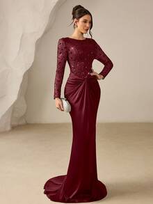 Coutiva Đầm dạ hội thanh lịch dành cho nữ, họa tiết hoa đính sequin, eo xếp ly. - Màu Đỏ Sâu - Xem 4