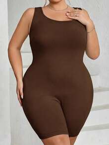 SHEIN CURVE+ 大码女士无缝塑身衣，胸部和臀部提拉 - 腹部、腰部和大腿塑形连体衣，曲线加大码，Hoho Vacation沙滩装/沙滩裙/沙滩度假装/沙滩必备/毕业典礼/下午茶派对礼服 - 棕色 - 查看 4