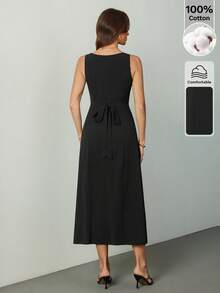 SHEIN Tall 方领褶裥胸罩杯高开衩露背蝴蝶结腰部A字中长连衣裙，采用精梳棉面料，休闲度假优雅外出连衣裙，修身连衣裙 - 黑色 - 查看 2
