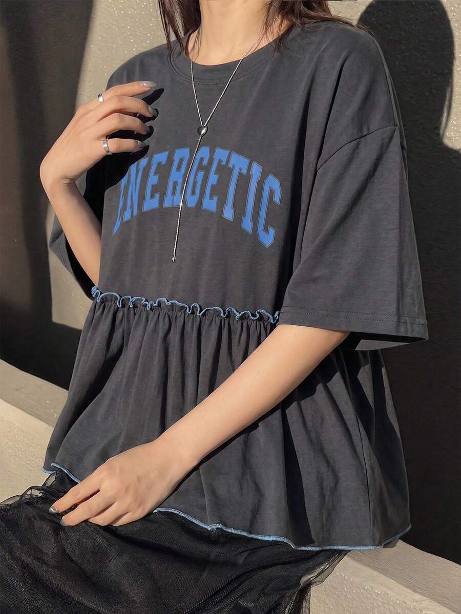 FRIFUL Women's Letter Print Loose T-Shirt, Summer Top Graphic Tee - Grey - View 1