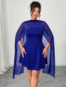 Elenzga Đầm mini dáng chữ A không dây vai dành cho nữ cỡ lớn, màu đen, thanh lịch, thích hợp cho tiệc cocktail, ăn trưa, đi làm, váy đen nhỏ thời trang, kèm khăn lưới. - Xanh đậm - Xem 3