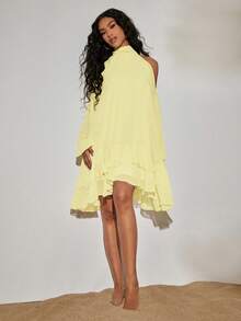 Opulessa Women's Solid Color Woven Casual Mini Dress, Spring/Summer,Wedding Guest Dress Women - Light Yellow - View 6
