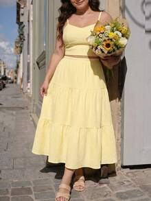 SHEIN MOD Conjunto de 2 piezas de top de tirantes amarillo texturizado talla grande + falda midi larga para mujer - Amarillo - Ver 9