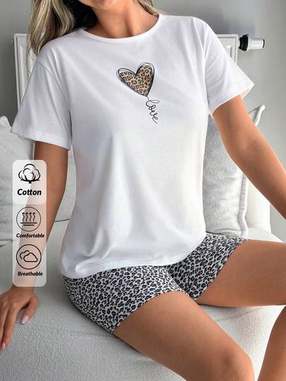 SHEIN Cotton Line Women Leopard Heart Pattern Round Neck Short Sleeve Top And High Waist Casual Comfy Shorts 2Pcs Set For Everyday Wear