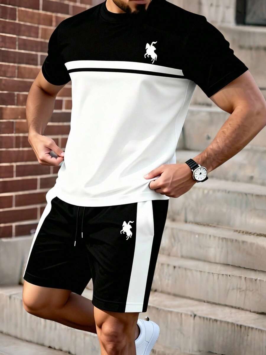 Manfinity Homme Men's Knight Print Contrast Color Black And White T-Shirt And Shorts Set,Summer Casual Matching Two Piece Set For Vacation,Festival Holiday Outfits - Multicolor - View 1