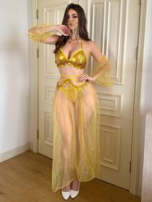 Fantasy Costume Fantasy Costume 四件套：异域风情亮片铃铛、网纱长裙、女士内衣套装 - 黃色 - 查看 5
