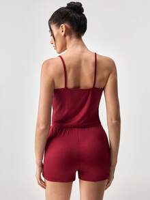 Loungeista Bộ đồ ngủ nữ kiểu áo hai dây tối giản thường ngày - Màu Đỏ Sâu - Xem 2