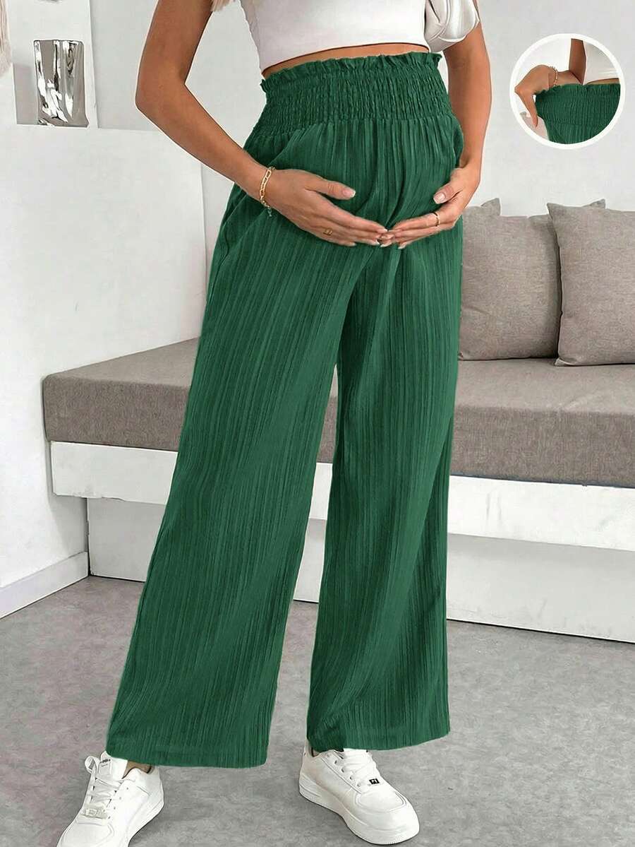 SHEIN Pregnant Women's Casual Vacation Solid Color Textured Fabric Drawstring Waist Loose Wide Leg Pants, Spring/Summer/Autumn - Dark Green - View 1