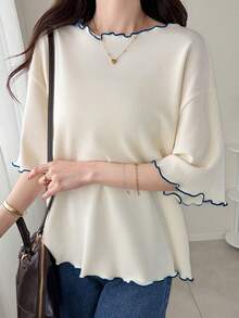 FRIFUL Women's Wavy Striped Loose Contrast Trim Short Sleeve T-Shirt, Summer Casual Wear - Blue - View 4