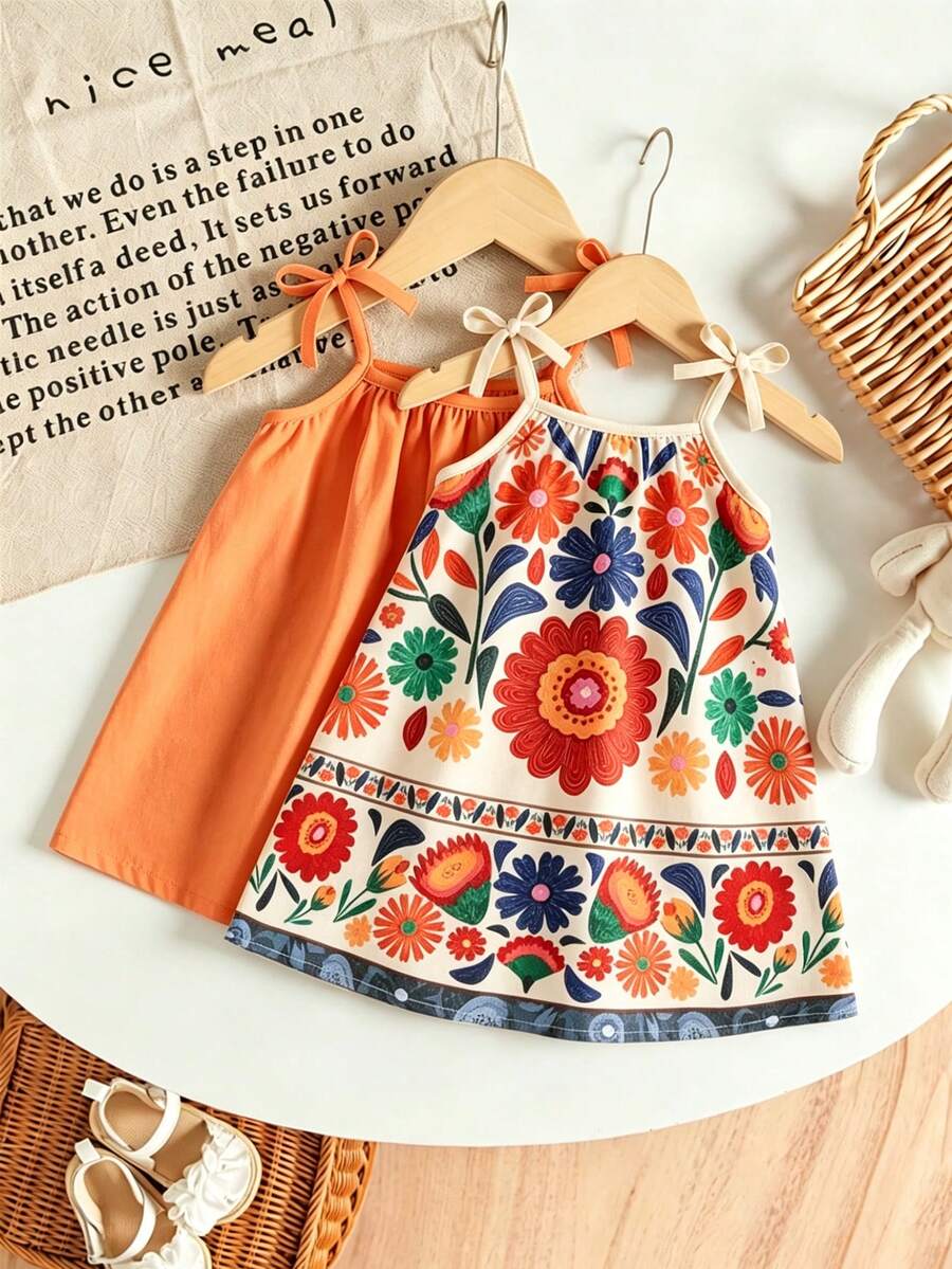2件套女童夏季波西米亚风吊带连衣裙，纯色+印花蝴蝶结肩部休闲度假直筒连衣裙，适合日常穿着、旅行、海滩，夏季印花图案