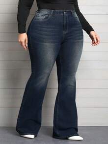 SHEIN CURVE+ Plus Size Women Pockets Casual Stretch Sexy Flare Jeans - Dark Wash - View 4