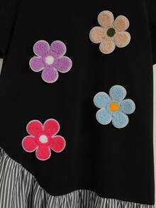 Sparklyn Tween Girl Floral Applique Striped Print Short Sleeve Summer Dress - Black - View 5