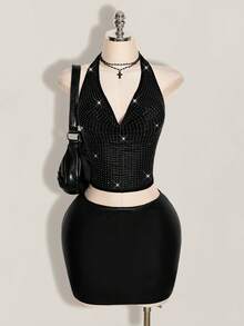 SHEIN ICON 女士夏季街头性感水钻露背吊带紧身短款背心 - 黑色 - 查看 4