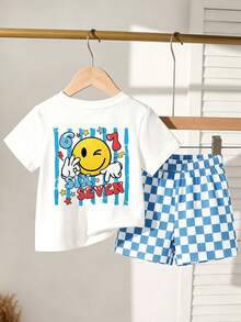 SHEIN Playful Pals 2件組小男孩休閒白色夏季套裝，椰子樹與漸層印花短袖T恤及短褲套裝，舒適日常穿著適合外出 - 彩色 - 查看 2