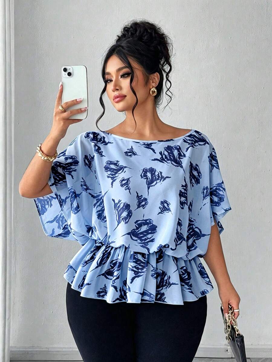 Elenzga Áo kiểu nữ cỡ lớn in họa tiết, tay cánh dơi, rộng rãi và thoải mái, thanh lịch và tinh tế, màu mơ chủ đạo với họa tiết in đen, phù hợp cho các bữa tiệc, tiệc trà chiều, đi làm, áo kiểu cỡ lớn đa năng. - Nhiều màu - Xem 1