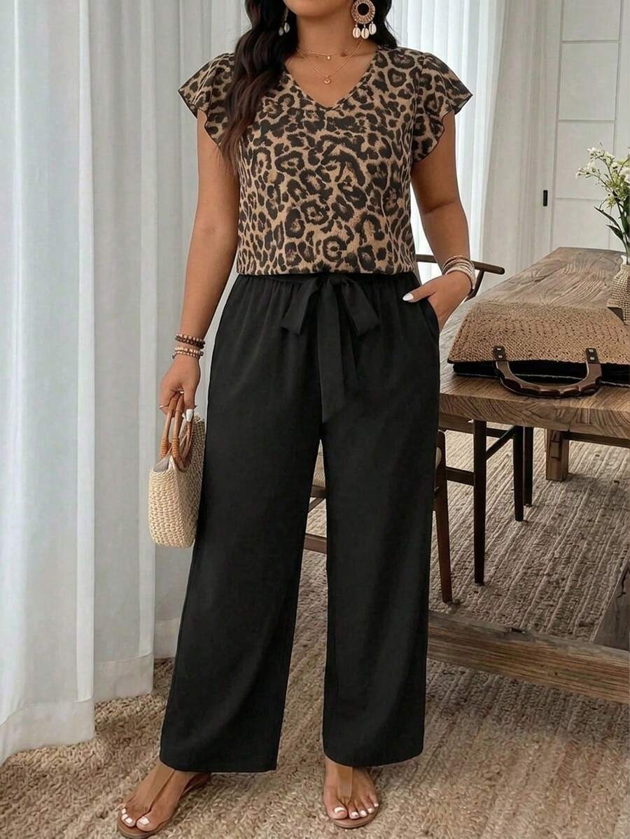 SHEIN Frenchy 两件套加大码女式波西米亚豹纹上衣搭配黑色纯色长裤，时尚新款式，适合春夏户外穿着 - 黑色 - 查看 1