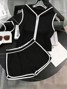 GlowEve CURVE Plus Size Women Zip-Up Hooded Vest And Shorts Casual 2 Pieces Set Formal Gym Black And White Summer - Black and White - View 1