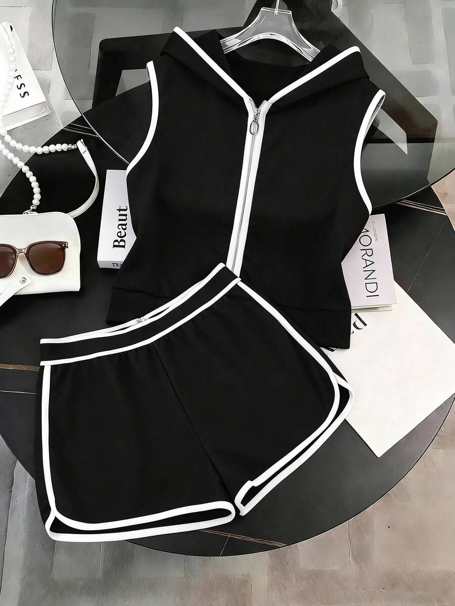 GlowEve CURVE Plus Size Women Zip-Up Hooded Vest And Shorts Casual 2 Pieces Set Formal Gym Black And White Summer - Black and White - View 1