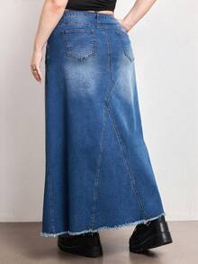 Hippie Plus Size Vintage Washed Denim A-Line Skirt, Versatile For All Seasons - Blue - View 2