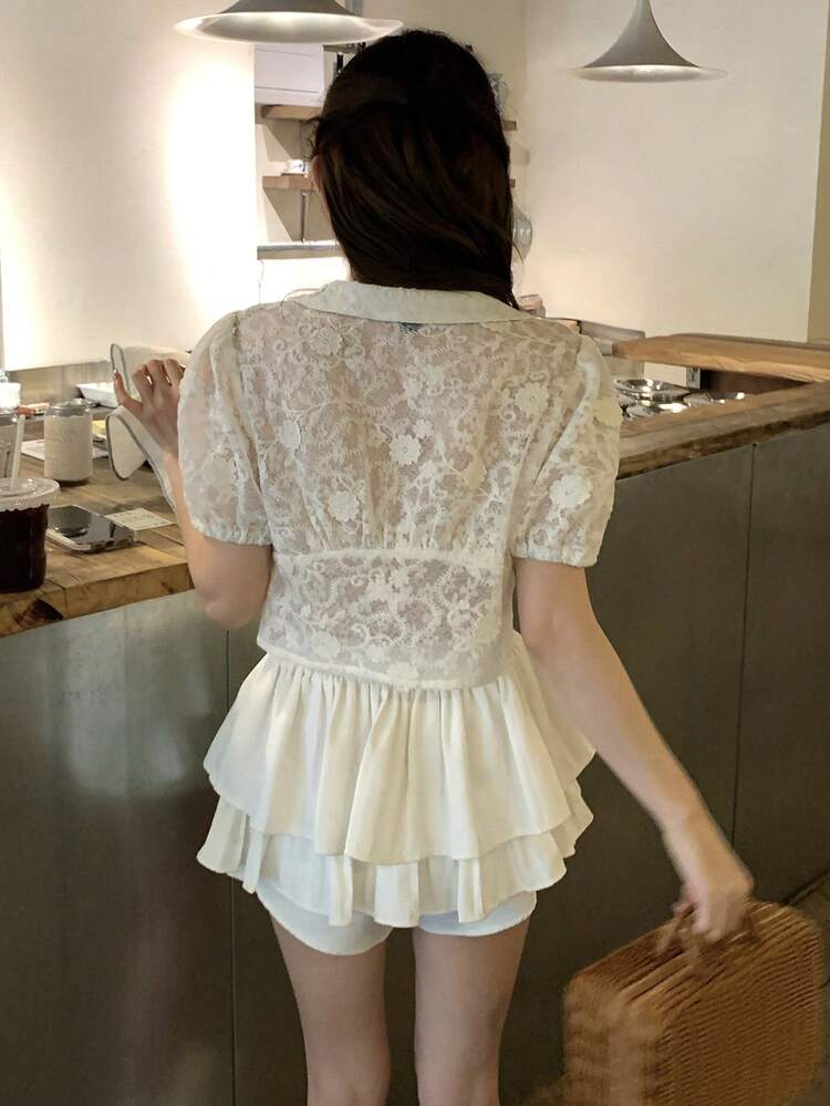 Women's Ruffled Collar Short Sleeve Tie-Front Blouse, Korean Style