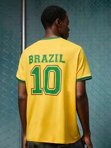EVRINFINITE Men's Brazil 10 Numeral & Letter Print Striped T-Shirt - Yellow - View 1